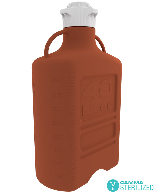 EZBio® 40L (10 GAL) Amber High Density Poly Ethylene (HDPE) Carboy with VersaCap® 120mm, Double Bagged, Gamma Sterilized