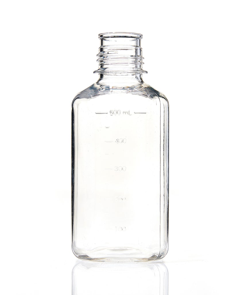 EZBio® Square Bottle, 500mL, Polycarbonate (PC), Non-Sterile, 38-430mm Neck, No Cap, 12/pk